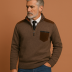 Men’s pullover sweater in brown with collar and chest pocket, comfortable and stylish for casual and cool-weather outfits.