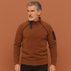 Men’s tactical fleece sweater in brown with windproof design, durable and comfortable for outdoor adventures.