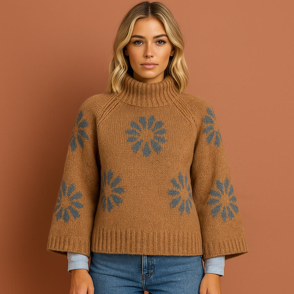 Women’s knitted sweater in brown with floral pattern, soft and comfortable for casual and stylish outfits.