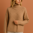 Women’s turtleneck sweater in brown with geometric pattern, soft and comfortable for elegant and casual outfits.