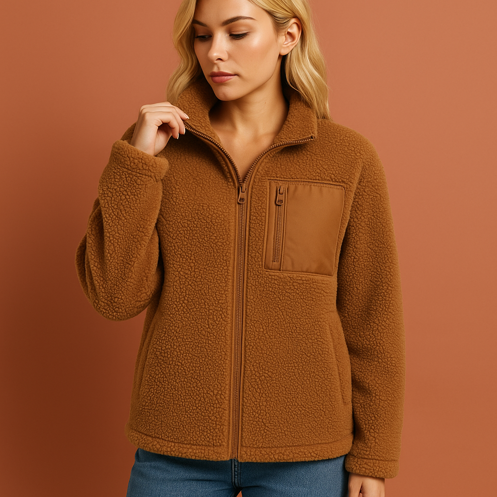 Women’s teddy zip jacket in brown with cozy fit and high collar, perfect for stylish cold-weather outfits.