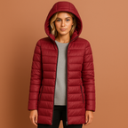 Women’s quilted jacket in burgundy with detachable hood and lightweight design, warm and comfortable for casual fall and winter outfits.