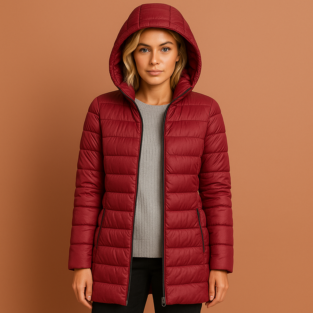 Women’s quilted jacket in burgundy with detachable hood and lightweight design, warm and comfortable for casual fall and winter outfits.