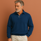 Lightweight men’s sweater in dark blue with breathable design, relaxed fit for casual and stylish summer outfits.