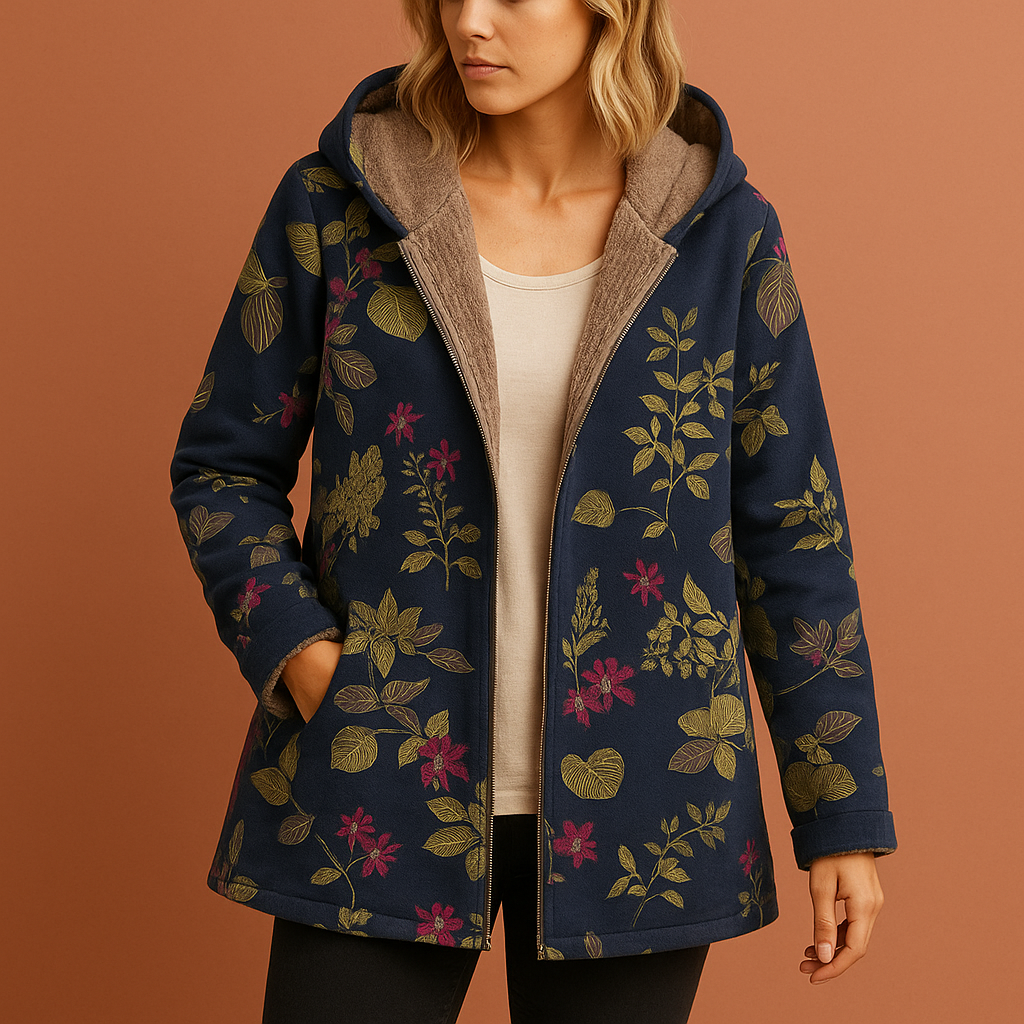 Women’s floral print jacket in dark blue with pockets, soft and comfortable for casual spring and fall outfits.