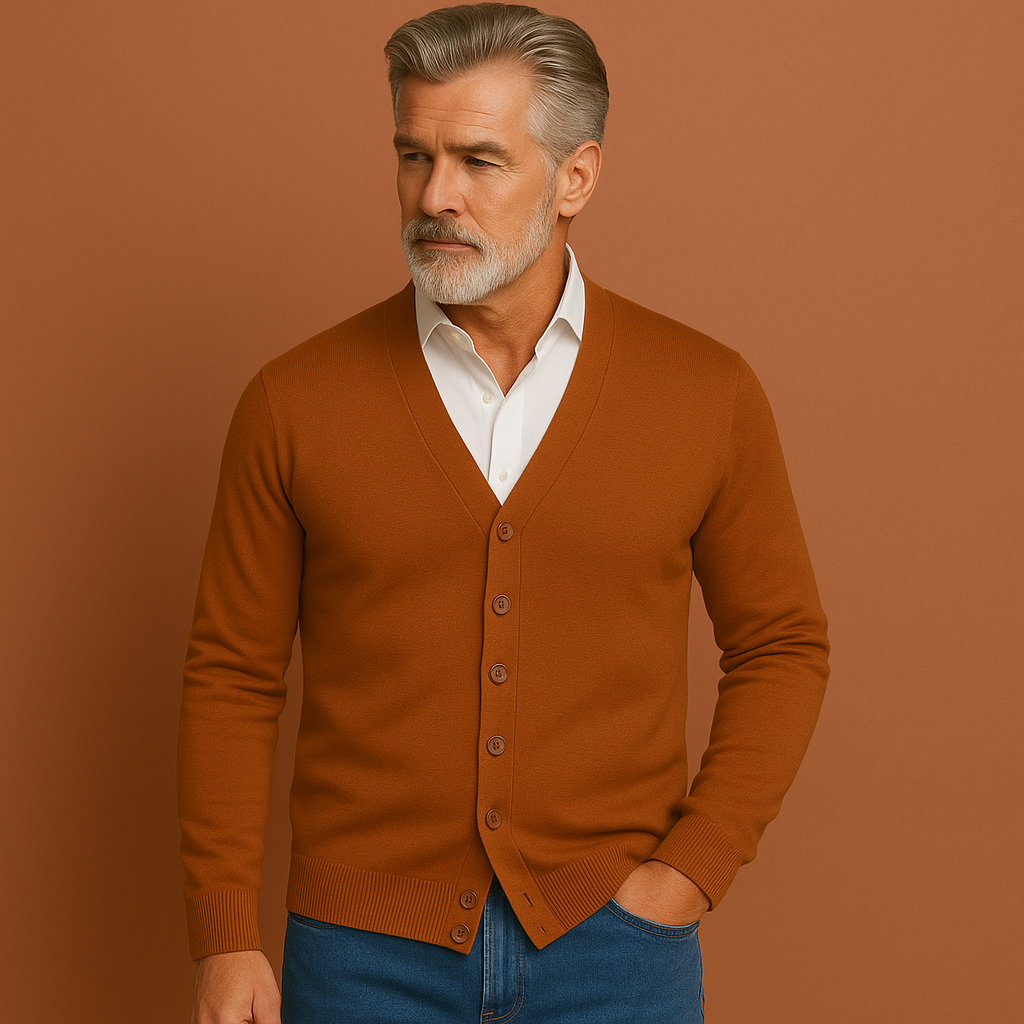 Men’s knitted button cardigan in dark brown with classic design, soft and comfortable for casual and stylish outfits.