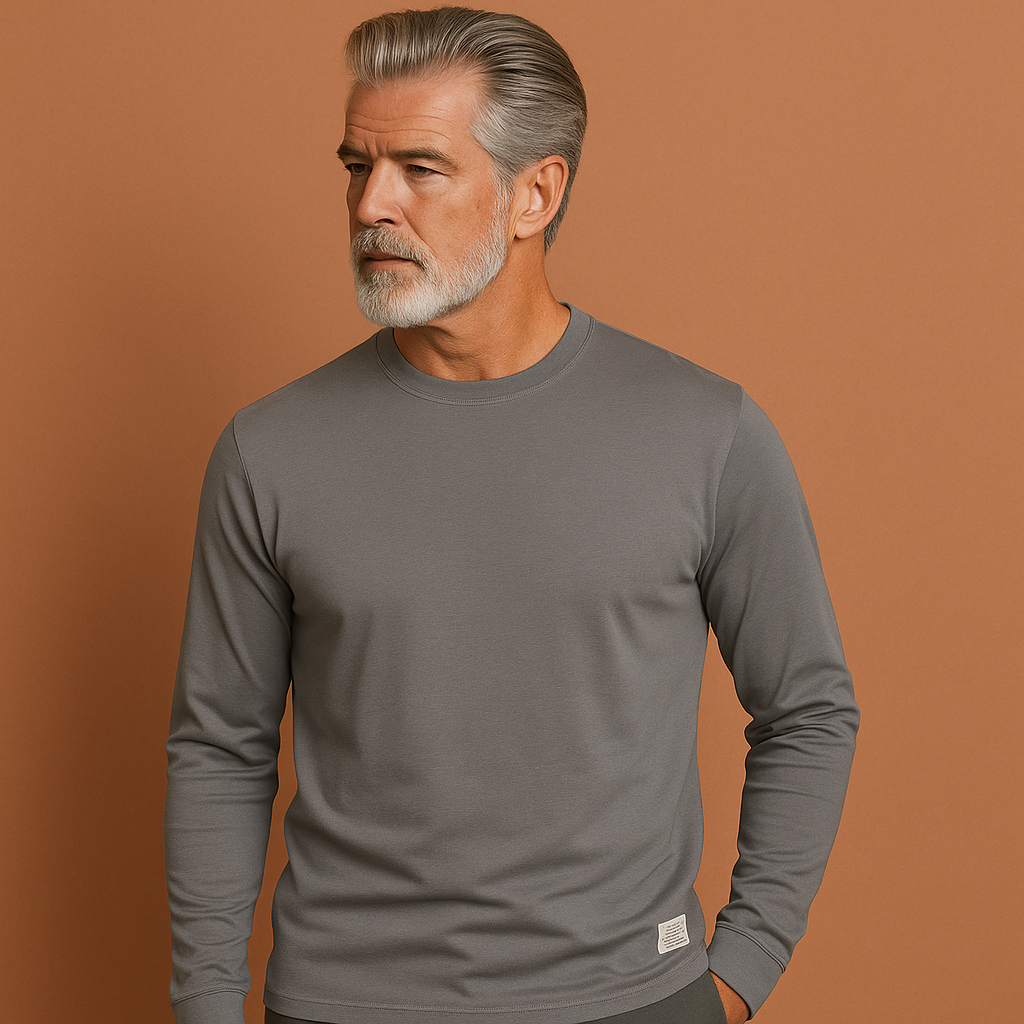 Men’s crew neck sweater in dark gray with long sleeves, soft and comfortable for casual and stylish outfits.