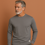 Men’s crew neck sweater in dark gray with long sleeves, soft and comfortable for casual and stylish outfits.