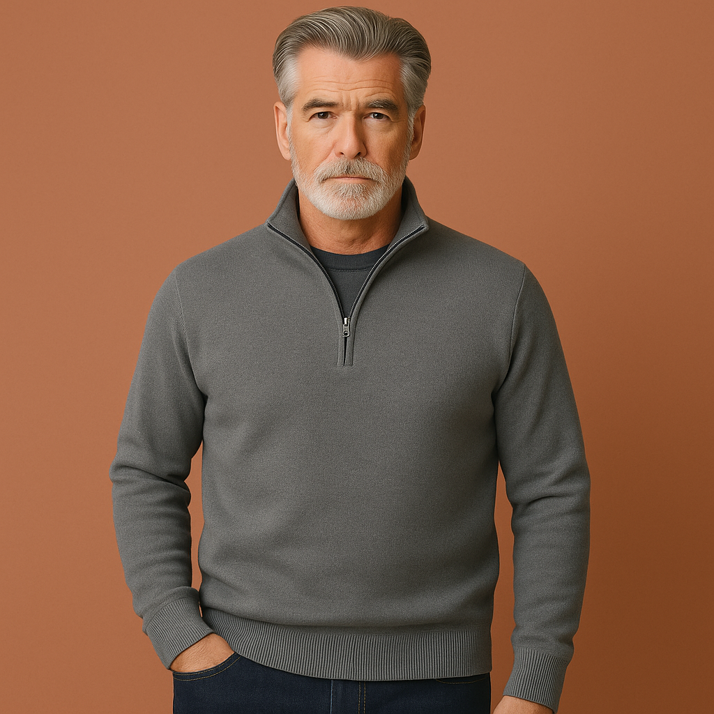 Men’s quarter zip sweater in dark gray, soft and comfortable for stylish and casual outfits.