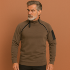Men’s tactical fleece sweater in dark gray with windproof design, durable and comfortable for outdoor adventures.