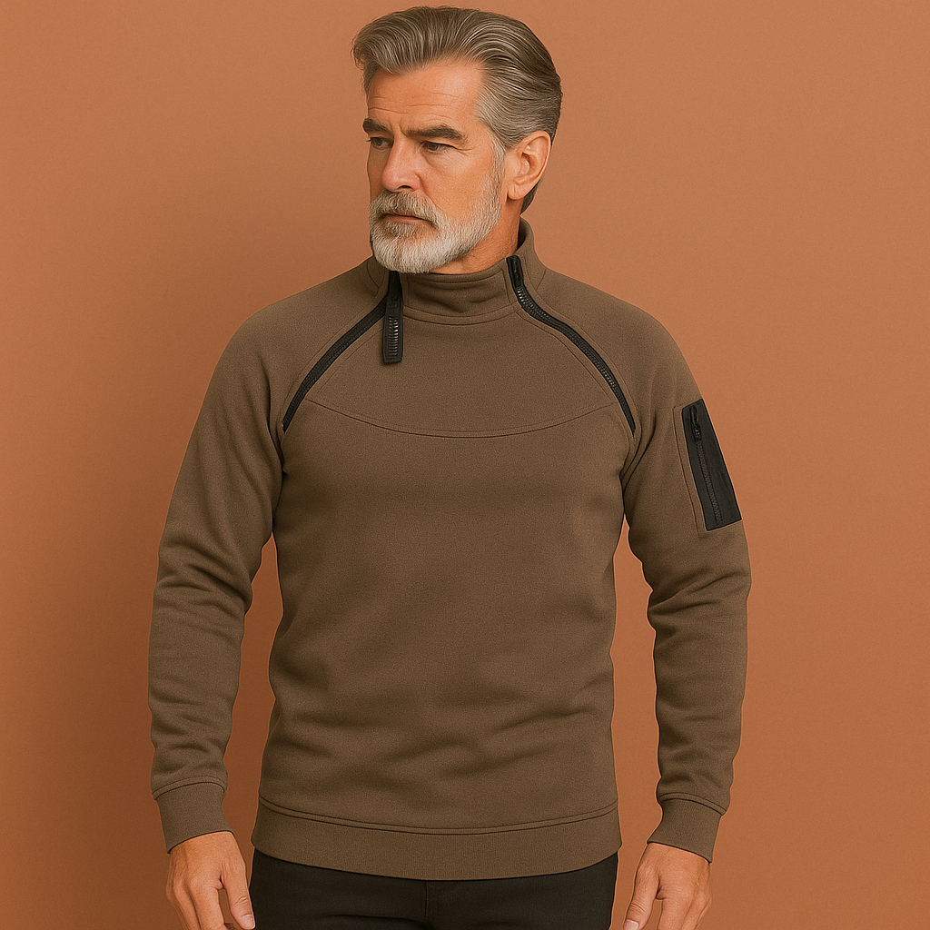 Men’s tactical fleece sweater in dark gray with windproof design, durable and comfortable for outdoor adventures.