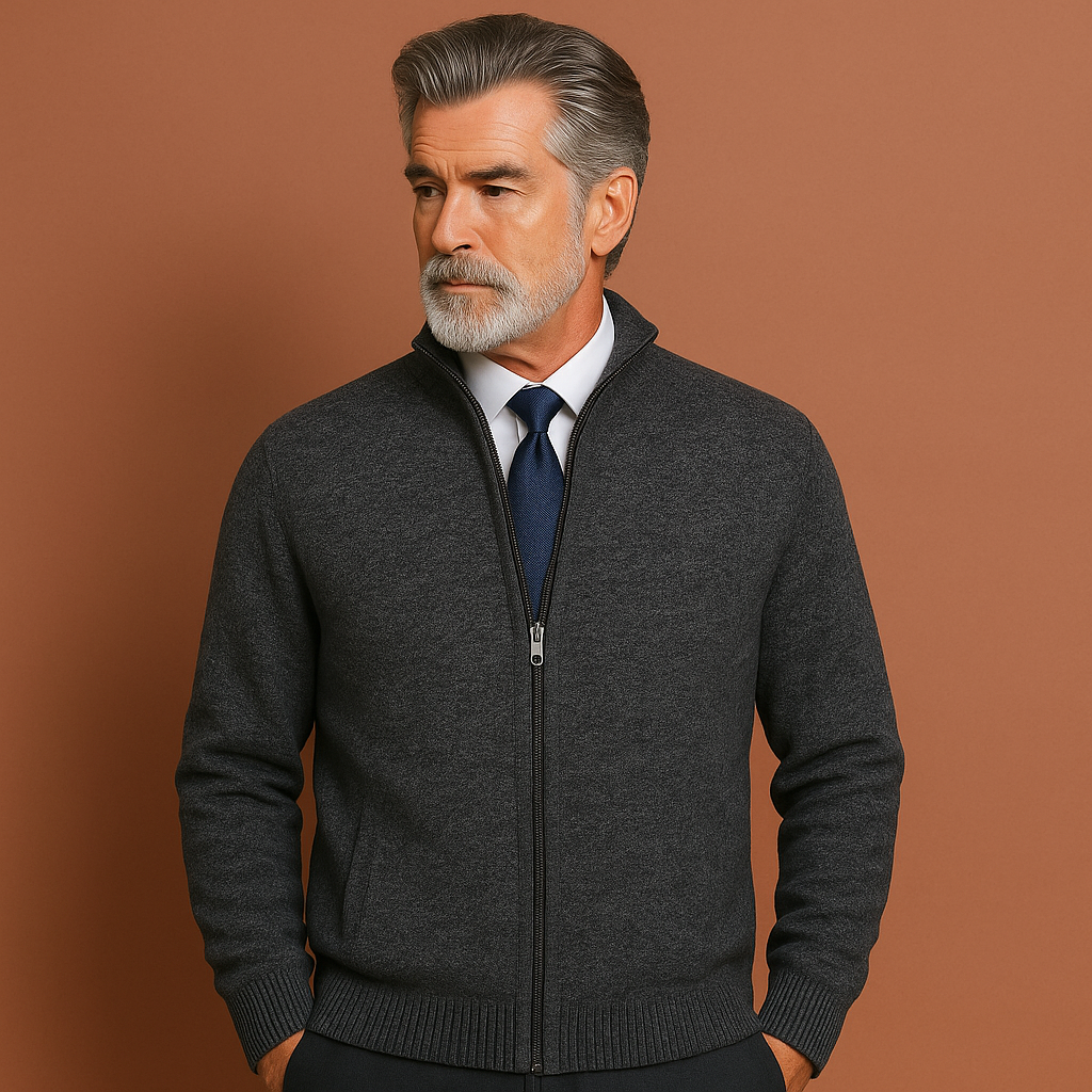 Men’s zipped jacket in dark gray with high collar and front pockets, stylish and comfortable for spring and fall outfits.