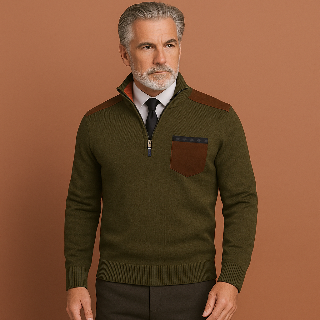 Men’s pullover sweater in dark green with collar and chest pocket, comfortable and stylish for casual and cool-weather outfits.