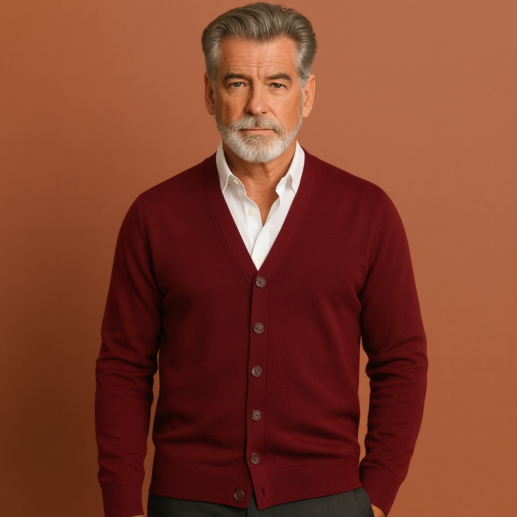 Men’s knitted button cardigan in dark red with classic design, soft and comfortable for casual and stylish outfits.
