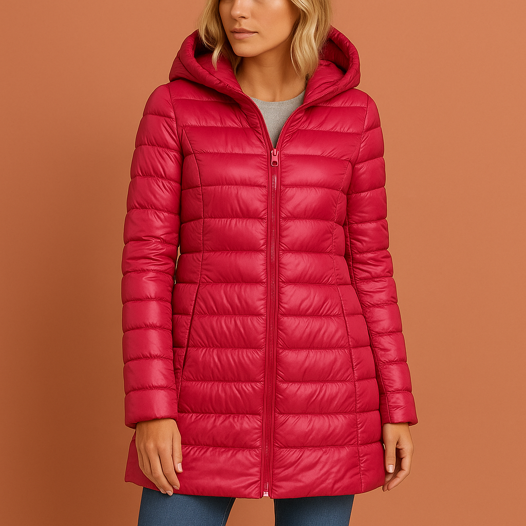 Women’s quilted jacket in fuchsia with detachable hood and lightweight design, warm and comfortable for casual fall and winter outfits.