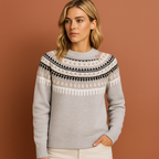 Women’s knitted sweater in gray with Scandinavian winter pattern, soft and comfortable for casual and stylish cold-weather outfits.