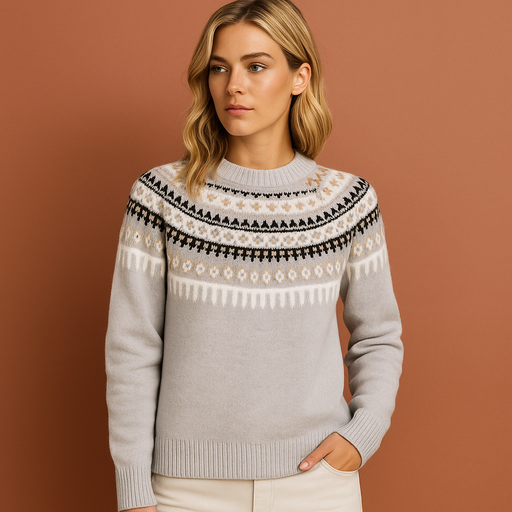 Women’s knitted sweater in gray with Scandinavian winter pattern, soft and comfortable for casual and stylish cold-weather outfits.