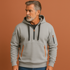 Men’s functional hoodie in gray with multiple pockets, soft and comfortable for casual and outdoor use.