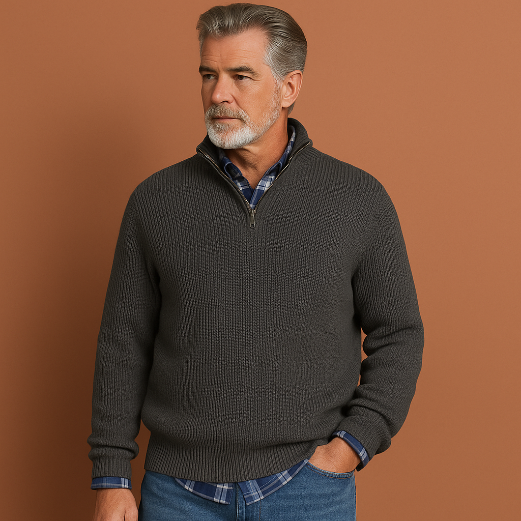 Men’s knitted sweater in gray with classic design, warm and comfortable for casual and formal outfits.