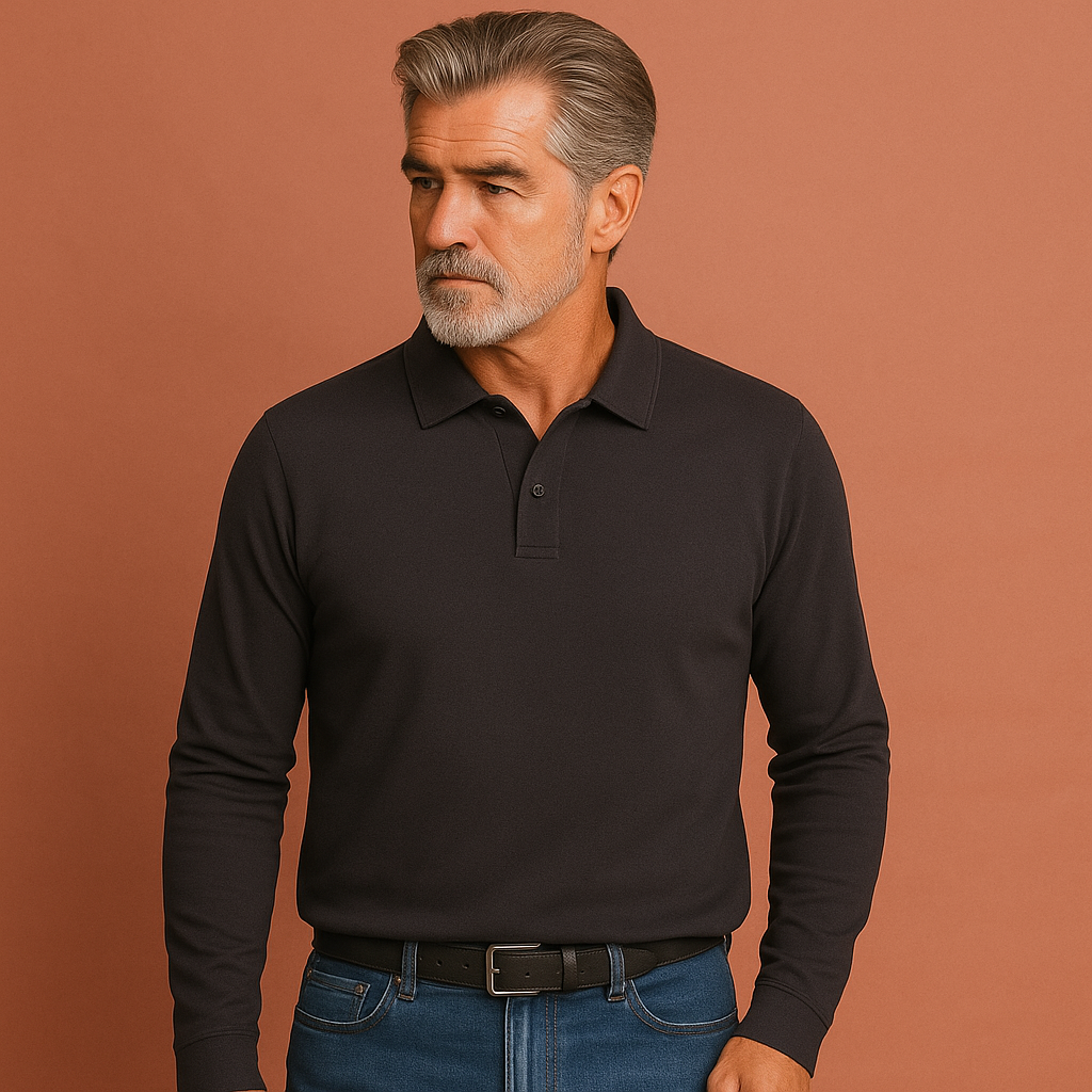 Men’s long sleeve polo sweater in gray with classic design, soft and comfortable for casual and business outfits.