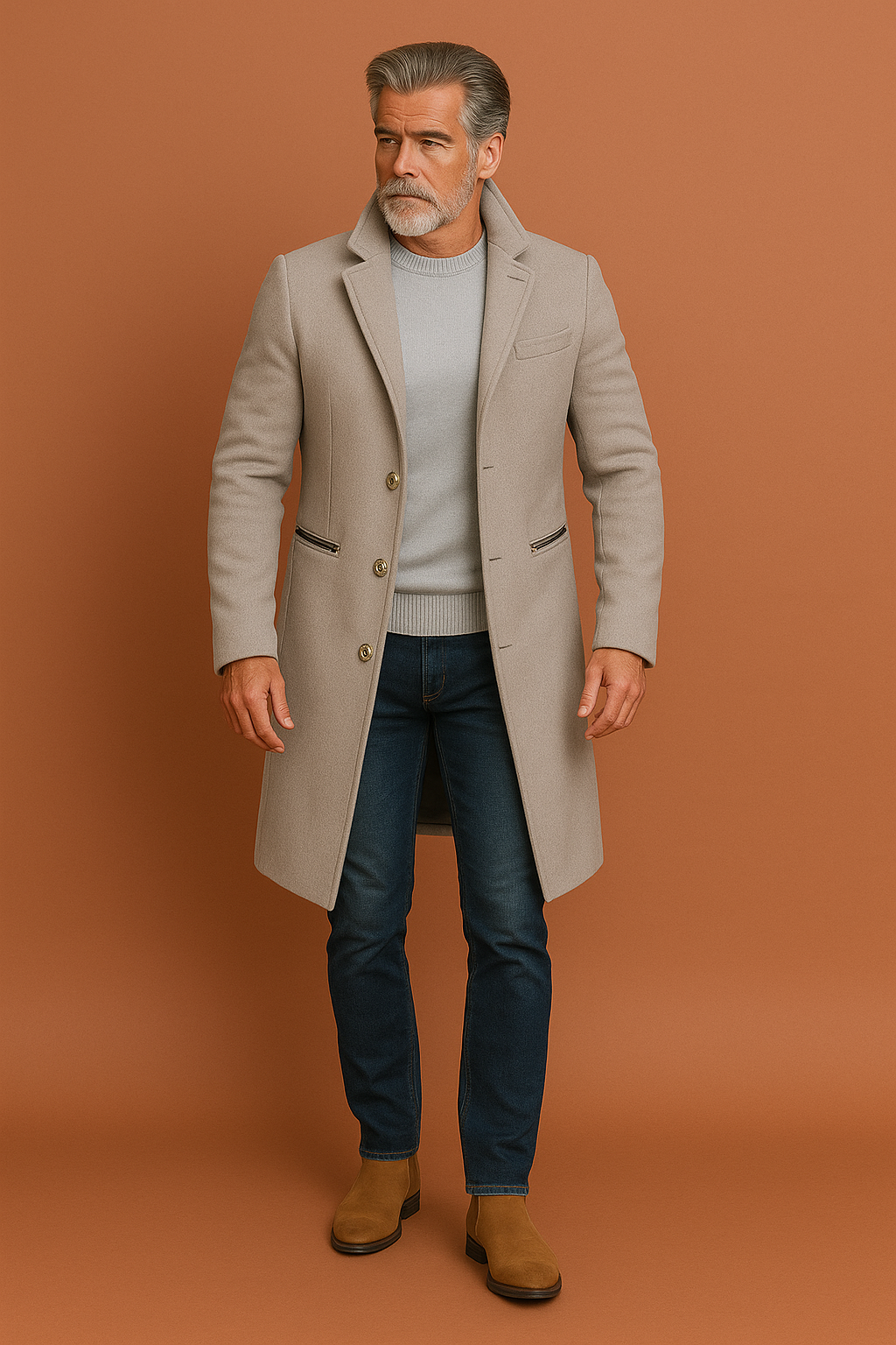 Men’s luxury trench coat in gray with timeless design, elegant and comfortable for business and casual wear.