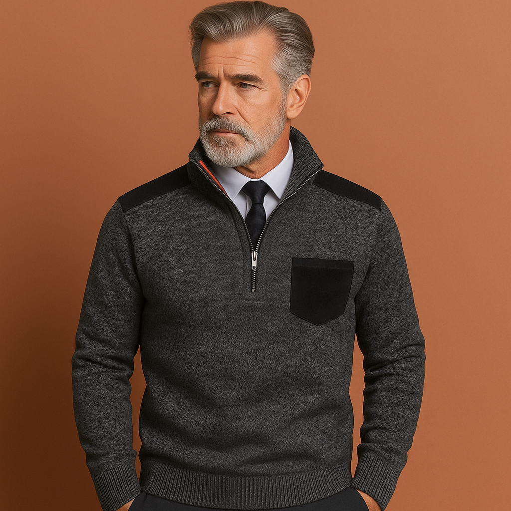 Men’s pullover sweater in gray with collar and chest pocket, comfortable and stylish for casual and cool-weather outfits.