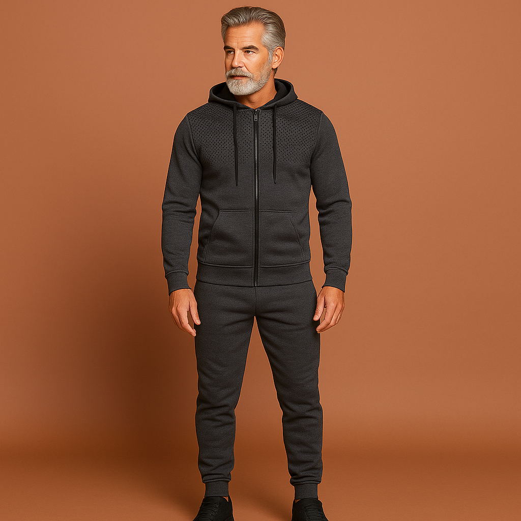 Men’s sporty slim fit tracksuit in gray, flexible and breathable for workouts and casual wear.