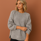 Women’s oversized knitted sweater in gray with casual winter style, soft and comfortable for cozy and stylish outfits.