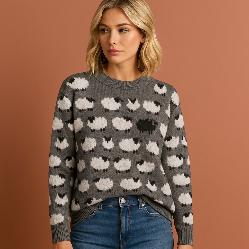 Women’s knitted sweater in gray with playful sheep pattern, soft and cozy for casual and stylish winter outfits.