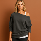 Women’s off-shoulder sweater in gray with elegant design, soft and comfortable for casual and stylish outfits.