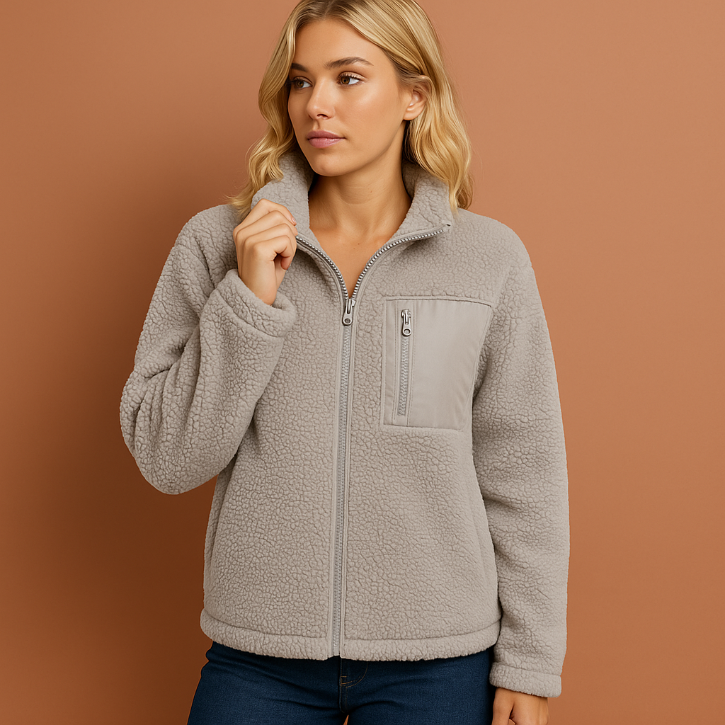 Women’s teddy zip jacket in gray with cozy fit and high collar, perfect for stylish cold-weather outfits.