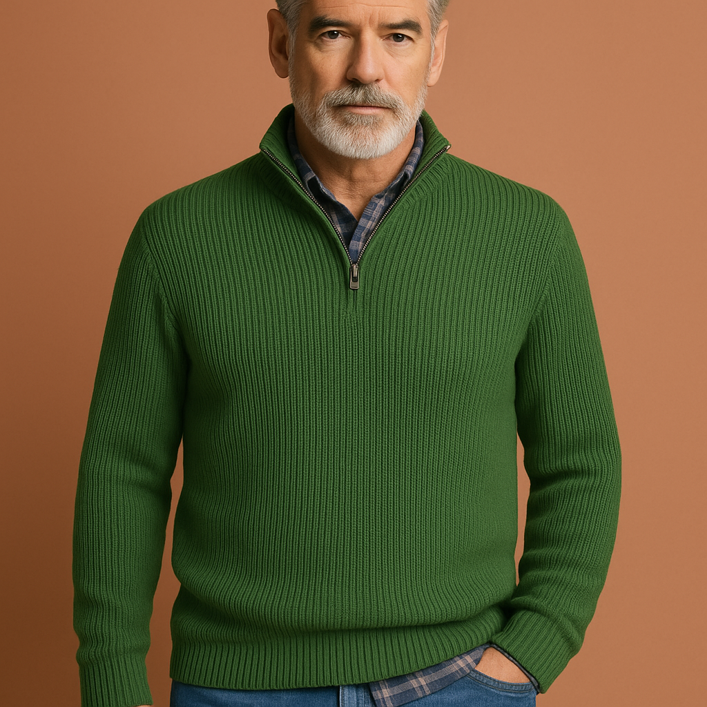 Men’s knitted sweater in green with classic design, warm and comfortable for casual and formal outfits.
