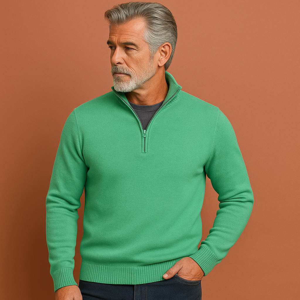 Men’s quarter zip sweater in green, soft and comfortable for stylish and casual outfits.