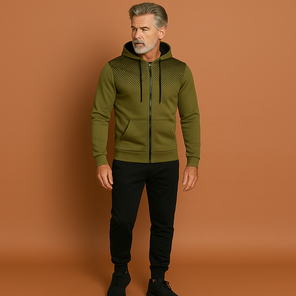Men’s sporty slim fit tracksuit in green, flexible and breathable for workouts and casual wear.