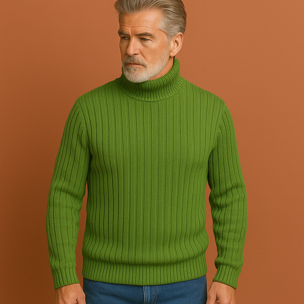 Men’s turtleneck sweater in green with a timeless design, warm and comfortable for casual and formal outfits.