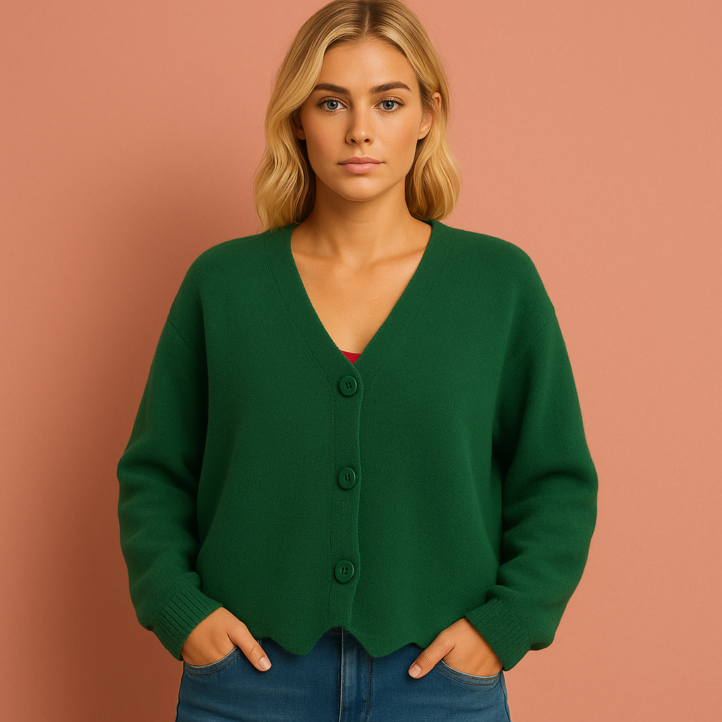 Women’s knitted cardigan in green with V-neck and button design, soft and comfortable for casual and elegant outfits.