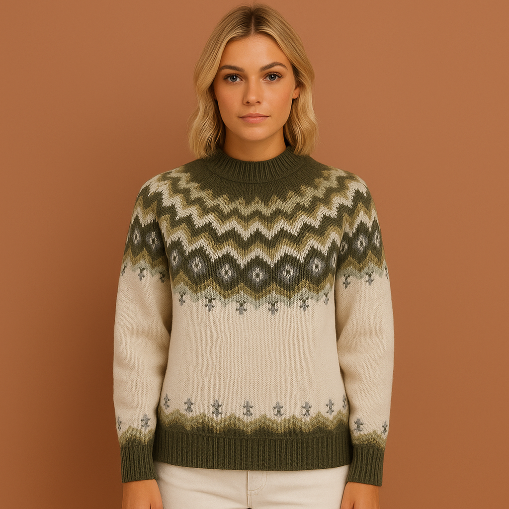 Women’s knitted sweater in green with Scandinavian pattern, soft and comfortable for stylish and cozy winter outfits.