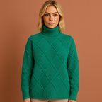 Women’s turtleneck sweater in green with geometric pattern, soft and comfortable for elegant and casual outfits.