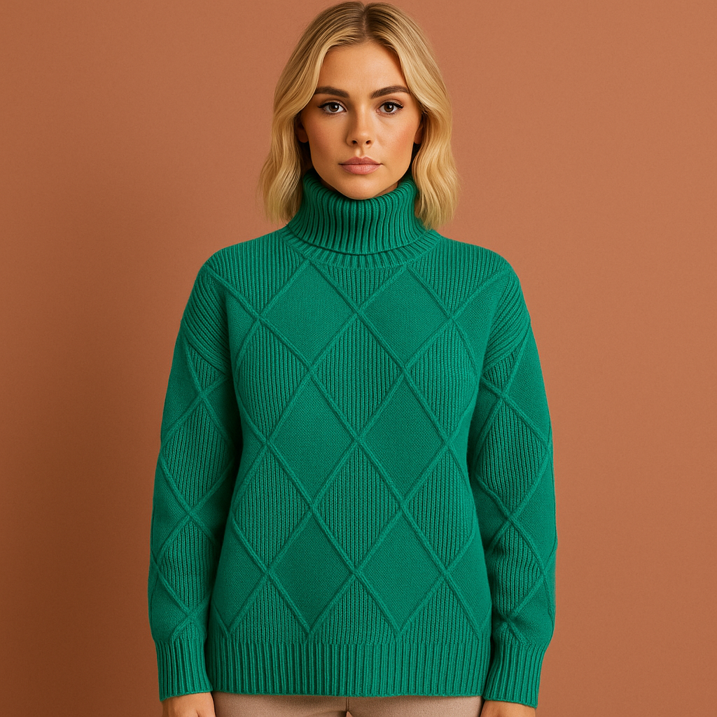 Women’s turtleneck sweater in green with geometric pattern, soft and comfortable for elegant and casual outfits.