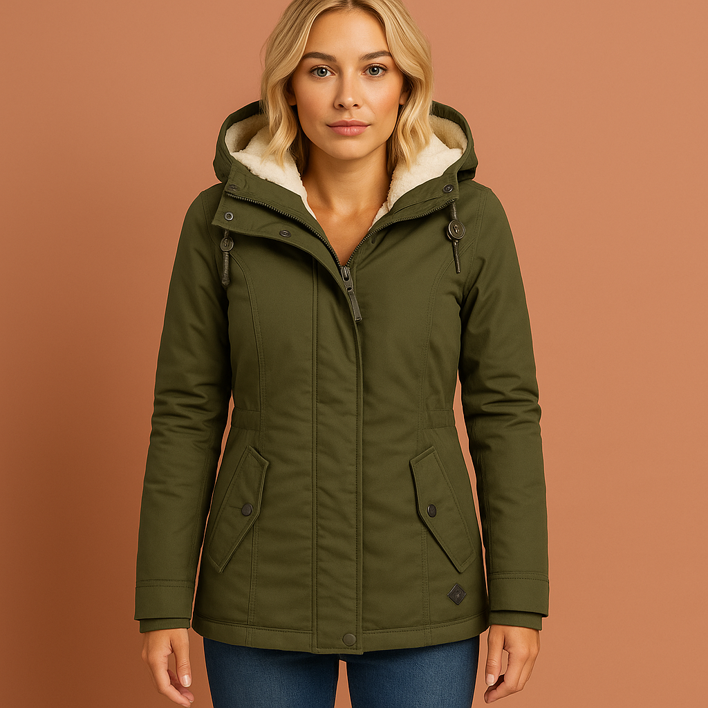 Women’s long winter coat in green with insulating design, warm and comfortable for stylish winter outfits.