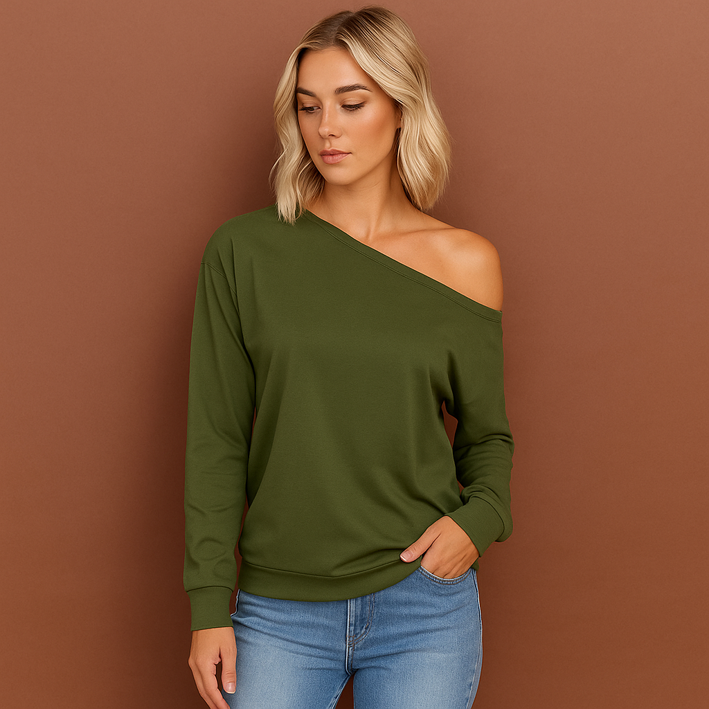Women’s off-shoulder sweater in green with elegant design, soft and comfortable for casual and stylish outfits.
