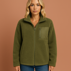 Women’s teddy zip jacket in green with cozy fit and high collar, perfect for stylish cold-weather outfits.
