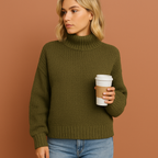 Women’s turtleneck sweater in green with minimalist design, soft and comfortable for casual and stylish outfits.