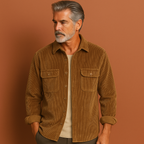 Men’s corduroy shirt in khaki with fleece lining, relaxed fit and vintage design for warm and stylish winter outfits.