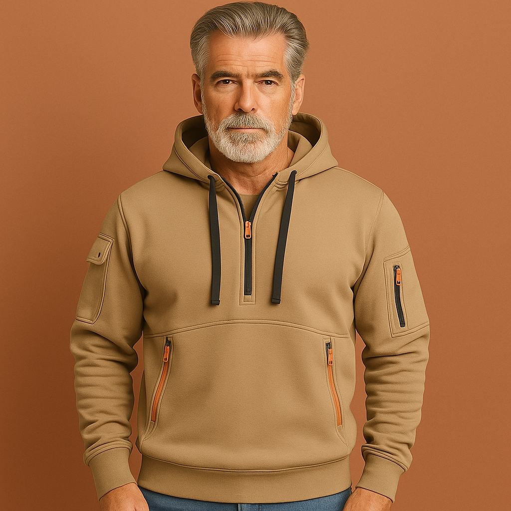 Men’s functional hoodie in khaki with multiple pockets, soft and comfortable for casual and outdoor use.