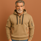 Men’s functional hoodie in khaki with multiple pockets, soft and comfortable for casual and outdoor use.