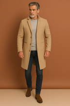 Men’s luxury trench coat in khaki with timeless design, elegant and comfortable for business and casual wear.