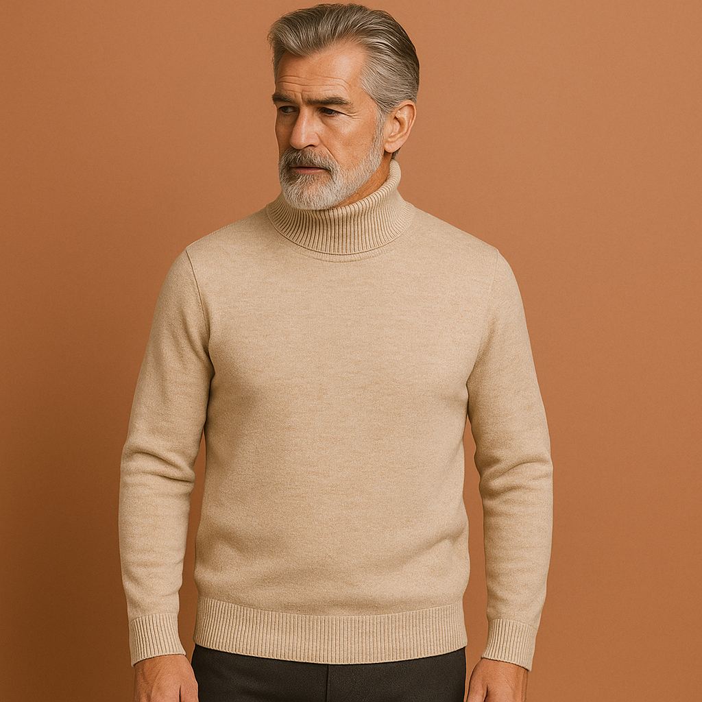 Men’s turtleneck sweater in khaki with timeless design, stylish and comfortable for business and casual winter outfits.