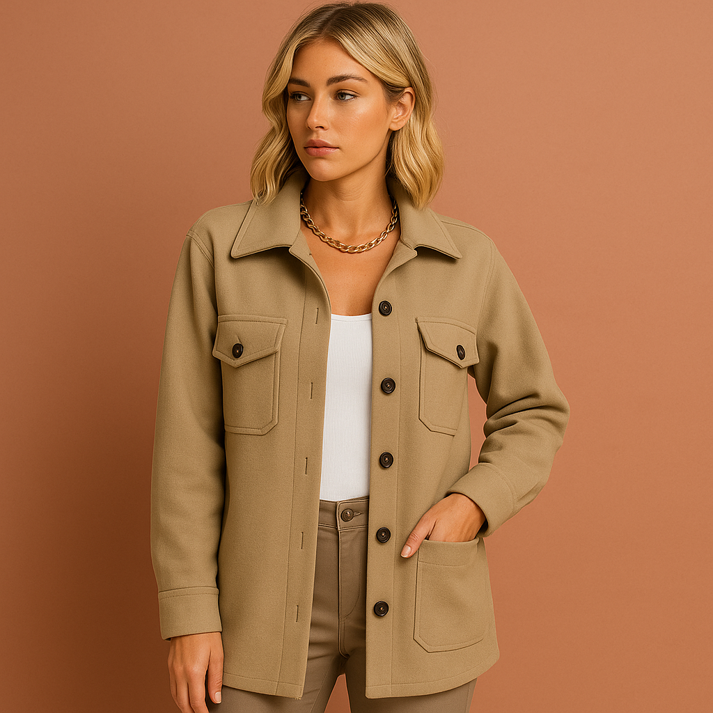 Women’s fall jacket in khaki with elegant design, soft and comfortable for casual and stylish outfits.
