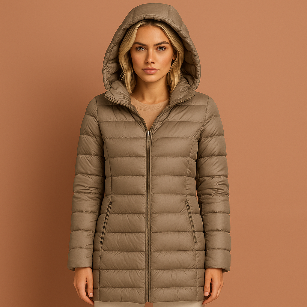 Women’s quilted jacket in khaki with detachable hood and lightweight design, warm and comfortable for casual fall and winter outfits.